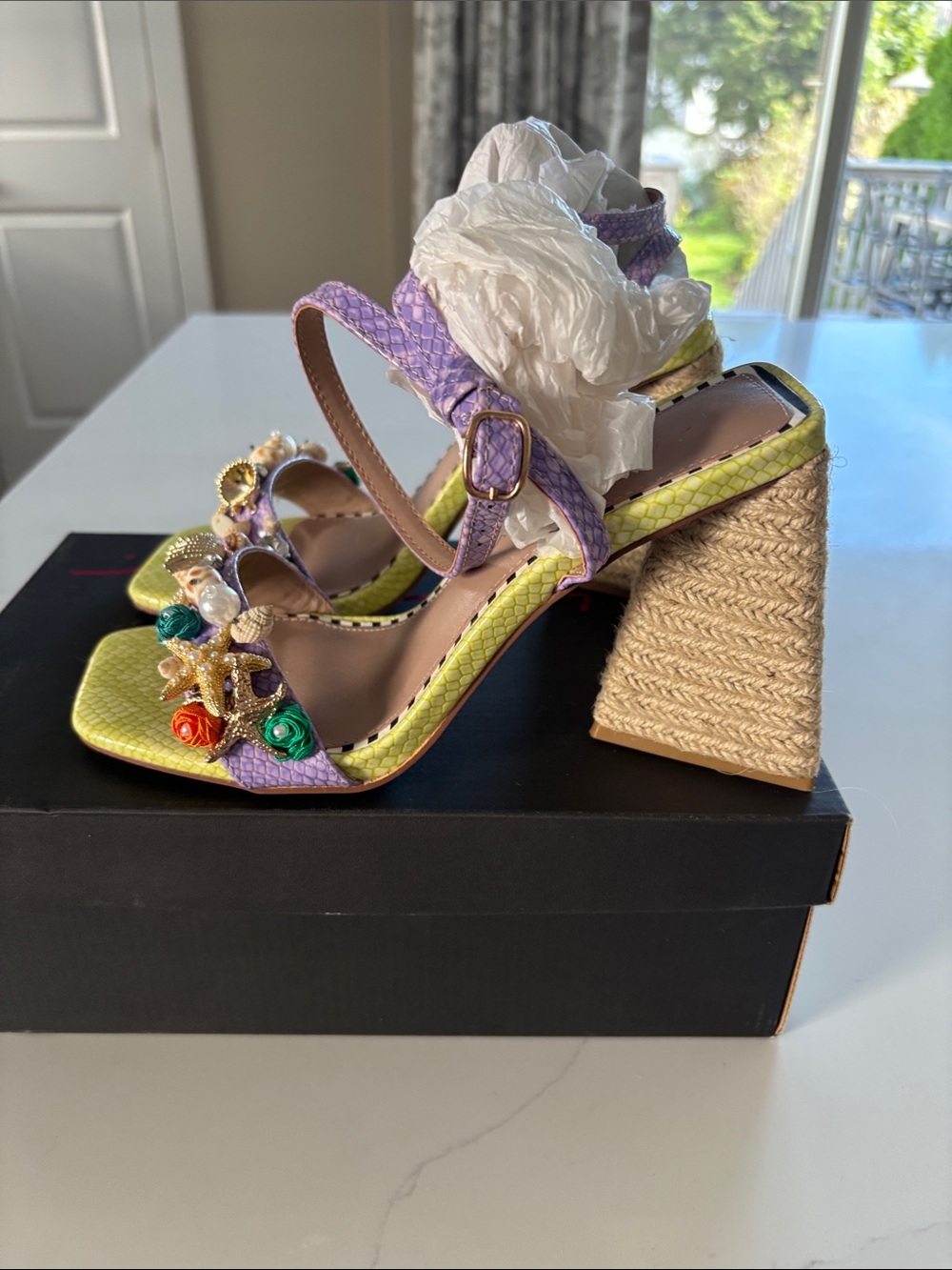 Betsey Johnson Yellow & Purple Floral Pearl Embellished Block Heel Sandals - Picture 10 of 11